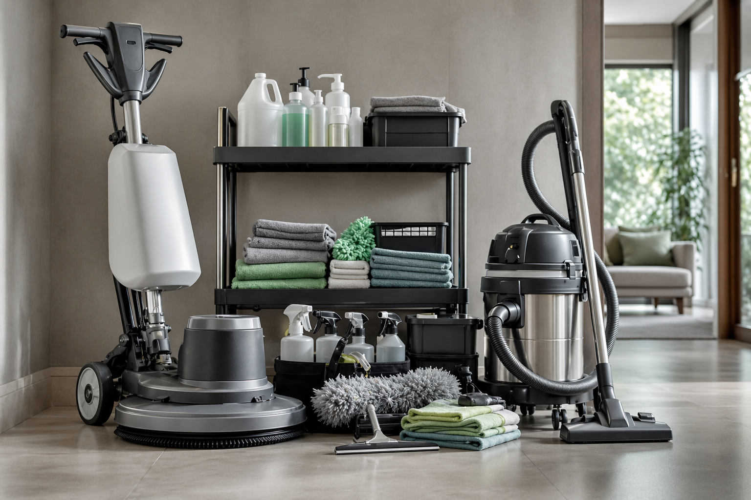 Macchinari e prodotti professionali ordinati e pronti per un intervento di pulizia.